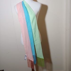 SET OF 12 skinny scarves- 4 of each color pink blue green with fringe